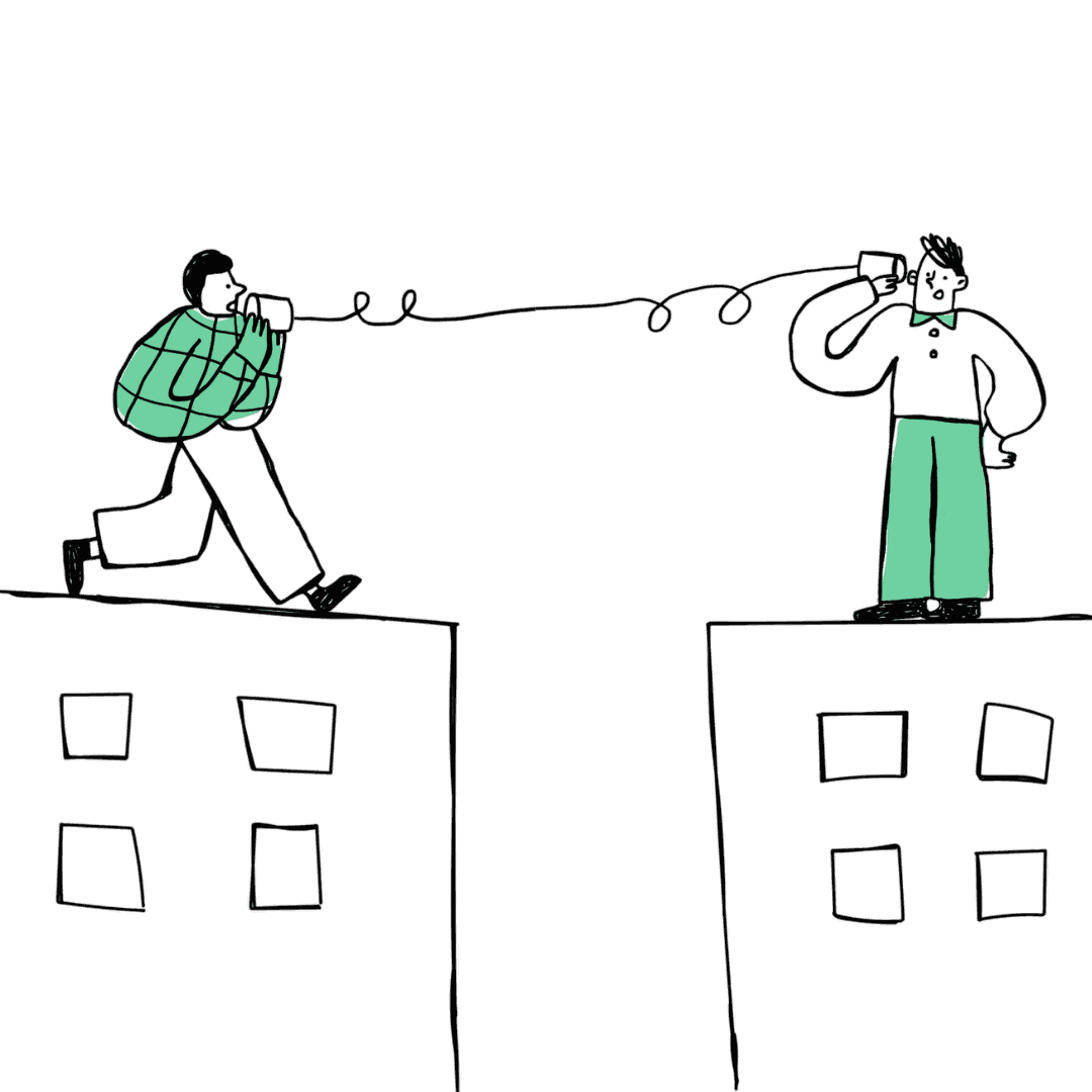 An illustration of two people talking through a tin-can telephone strung between two rooftops